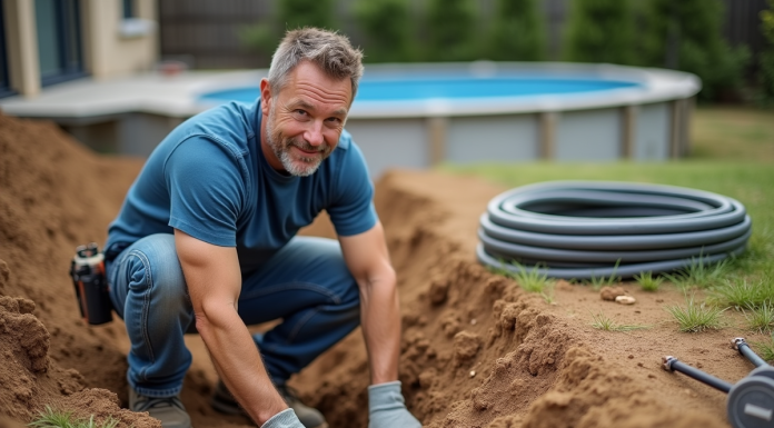 Profondeur pour enterrer fil pompe piscine : installer et protéger l’installation correctement ! Technicien mesurant la profondeur d'une tranchée dans un jardin