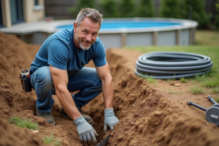 technicien-tranche-piscine Technicien mesurant la profondeur d'une tranchée dans un jardin
