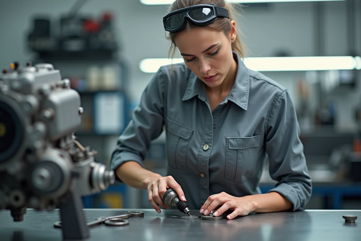Technicienne automobile recreusant la tête d'une vis foirée au disque rotatif sur un carter moteur démonté