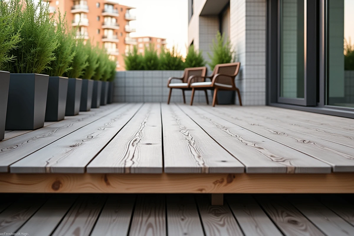 Terrasse urbaine en bois composite avec lambourdes et solives apparentes sous les lames de plancher, structure de deck contemporaine