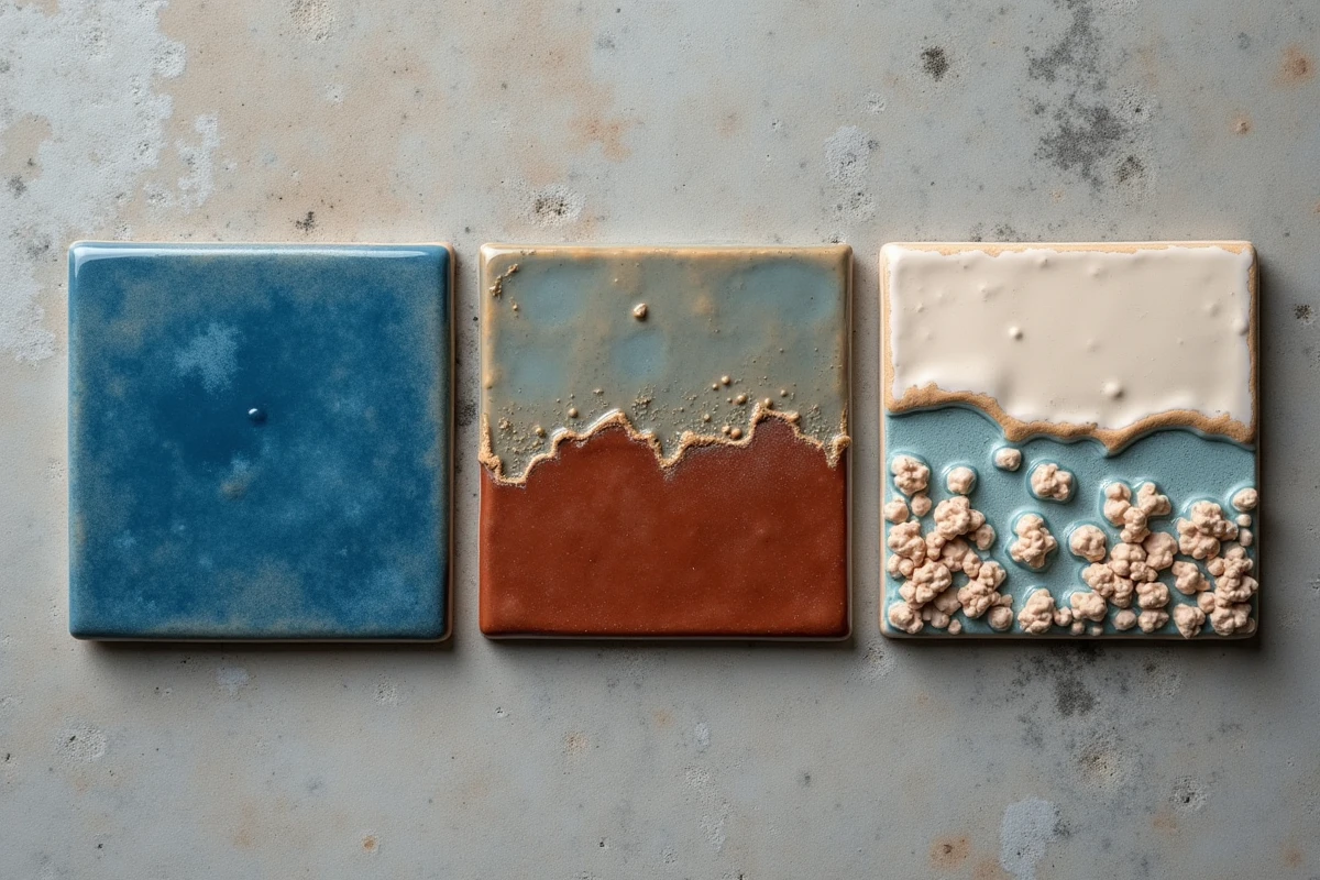 Tuiles de test céramique montrant des superpositions d'émaux artistiques en cobalt, rouge de fer et cristallin