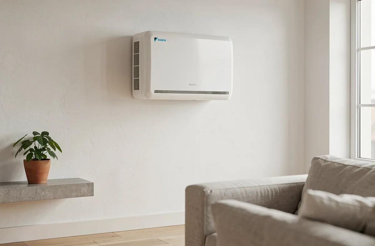 Unité intérieure de climatiseur Daikin installée dans un salon au style scandinave minimaliste