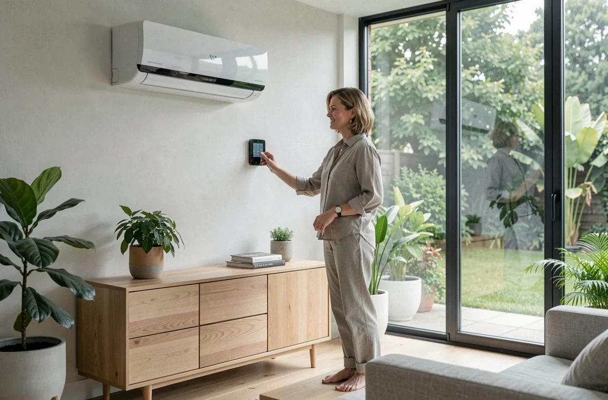 Femme réglant le thermostat d'une pompe à chaleur Hitachi dans un salon moderne et lumineux