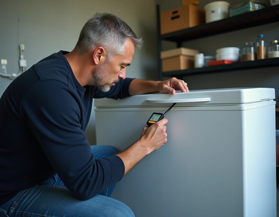 Homme vérifiant la température d'un congélateur avec un thermomètre numérique dans un garage pendant une panne d'électricité, évaluant la sécurité des aliments