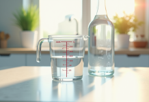 Verre mesureur rempli d'eau sur plan de cuisine lumineux