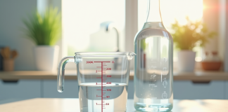 Verre mesureur rempli d'eau sur plan de cuisine lumineux