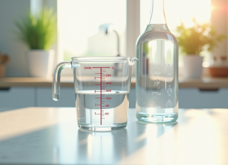 Verre mesureur rempli d'eau sur plan de cuisine lumineux