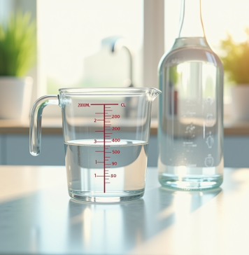 Verre mesureur rempli d'eau sur plan de cuisine lumineux