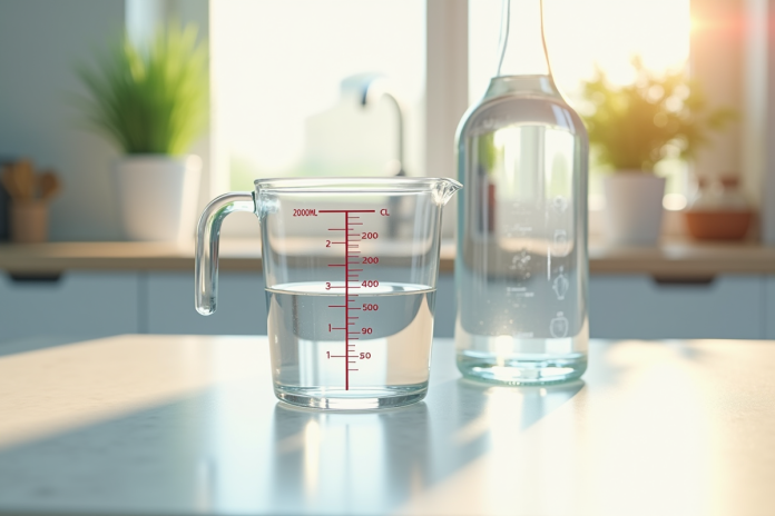 verre-mesure-eau-cuisine Verre mesureur rempli d'eau sur plan de cuisine lumineux