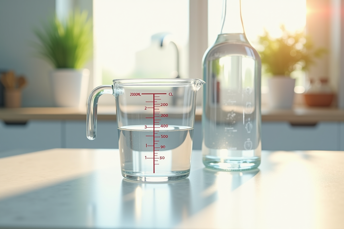 Verre mesureur rempli d'eau sur plan de cuisine lumineux