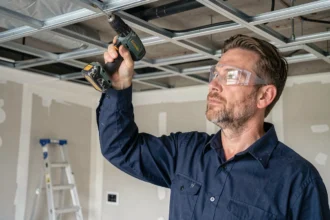 Artisan vissant une plaque de plafond suspendu avec une visseuse sans fil, posture ergonomique sur chantier intérieur