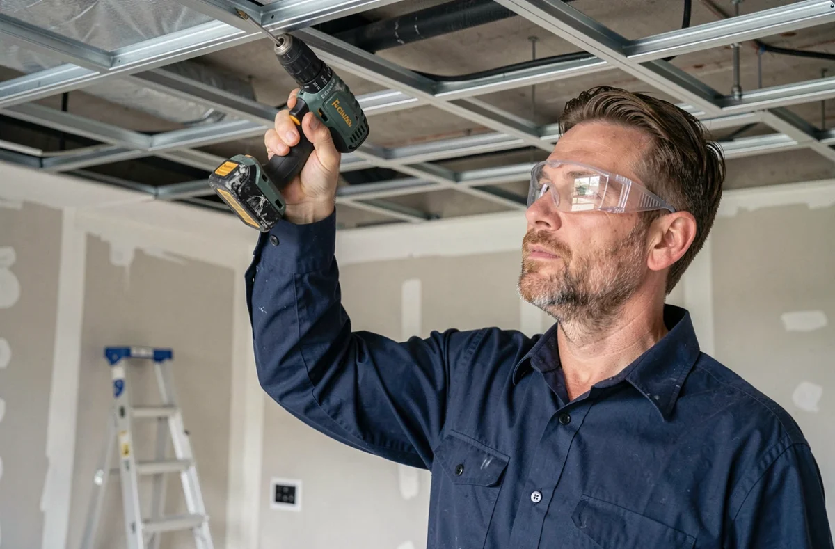 Artisan vissant une plaque de plafond suspendu avec une visseuse sans fil, posture ergonomique sur chantier intérieur
